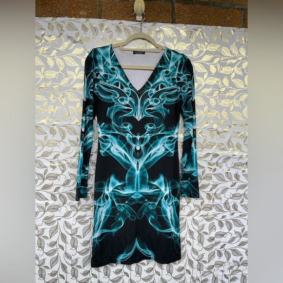 La Pateau Cyber Core Smoke Print V-Neck Mini Dress | Teal & Black size small - Picture 4 of 9